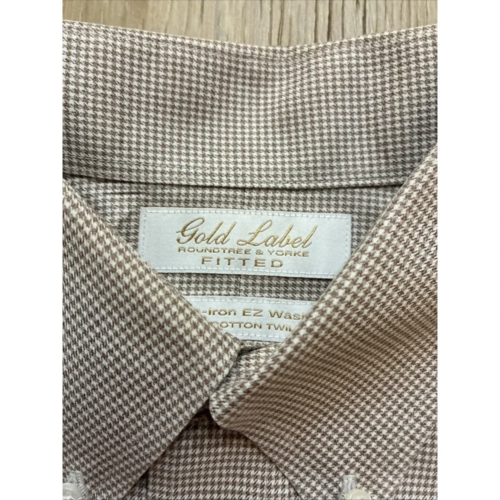 Gold Label Roundtree & Yorke Fitted Sz 15 1/2x 34 Non-Iron Button-Up LS Brown